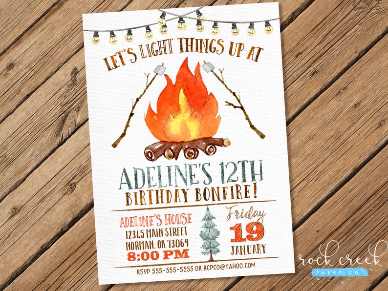 Watercolor Bonfire Invitation Camping Invitation S Mores Etsy