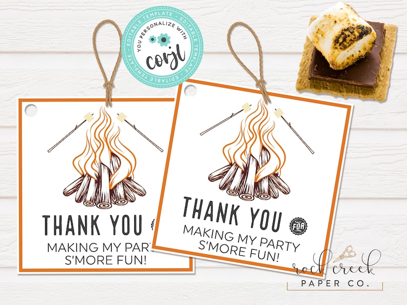 May include: Two white thank you tags with orange borders. The tags feature a campfire with flames and marshmallows on sticks. The text on the tags reads "Thank you for making my party s'more fun!"