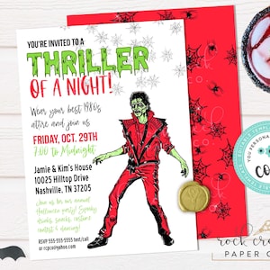 May include: Halloween party invitation with a Thriller theme. The invitation features a green and red color scheme, a zombie illustration, and the text "Thriller of a Night!" with event details. Includes a gold wax seal.