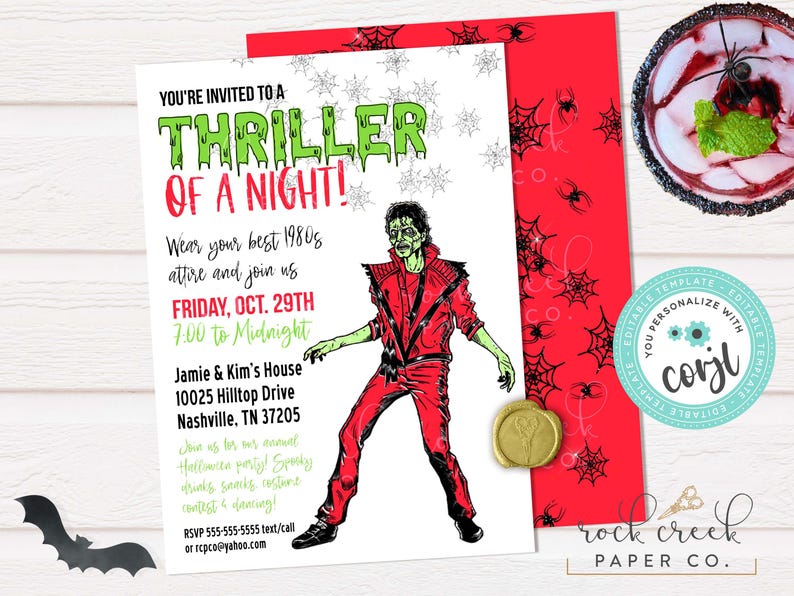 May include: Halloween party invitation with a Thriller theme. The invitation features a green and red color scheme, a zombie illustration, and the text "Thriller of a Night!" with event details. Includes a gold wax seal.