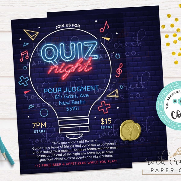 Quiz Night Lightbulb Invitation, Trivia Night Invitation, Pub Quiz Flyer, PTA, Church, Restaurant, Editable Event Template, Instant Download