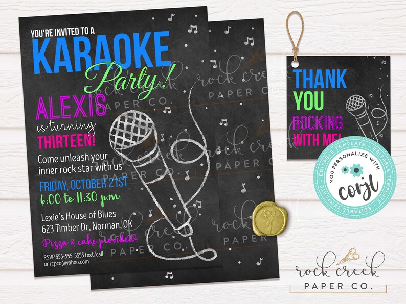 K&ouml;nnte beinhalten: Eine Einladung im Stil einer schwarzen Tafel in Schwarzwei&szlig; f&uuml;r eine Karaoke-Party. Die Einladung zeigt ein Mikrofon, Noten und den Text "You're invited to a Karaoke Party! Alexis is turning thirteen! Come unleash your inner rock star with us Friday, October 21st 6:00 to 11:30 pm. Lexie's House of Blues 623 Timber Dr, Norman, OK Pizza & cake provided! RSVP 555-555-5555 text/call or rcpco@yahoo.com"
