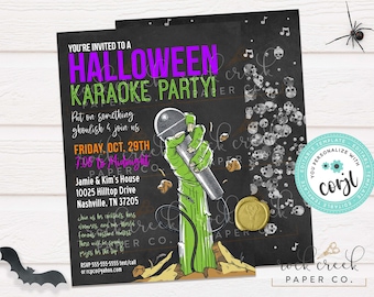 May include: A black and white Halloween party invitation with a green zombie hand holding a microphone. The text on the invitation reads "You're invited to a Halloween Karaoke Party!" and includes the date, time, and location of the party. The invitation is decorated with skulls and musical notes.