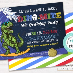 Surfing Dinosaur Birthday Invitation, Dinosaur Birthday Invitation, Pool Party, T-rex, Editable Birthday Party Template, Instant Download