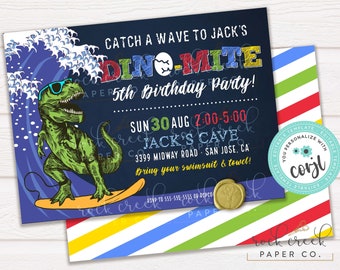 Surfing Dinosaur Birthday Invitation, Dinosaur Birthday Invitation, Pool Party, T-rex, Editable Birthday Party Template, Instant Download