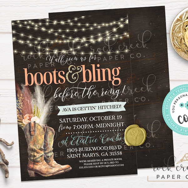 Boots & Bling Bachelorette Invitation, Cowgirls Bachelorette Weekend, Bling then Ring, Editable Bachelorette Template, Instant Download