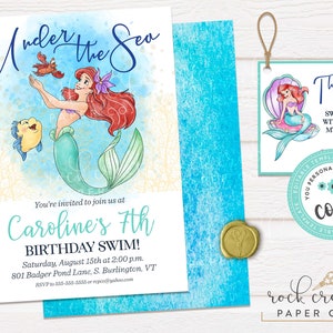 May include: An invitation to a 7th birthday party with a mermaid theme. The invitation features a watercolor illustration of Ariel from The Little Mermaid, Flounder, and a crab. The text reads "Under the Sea" and "Caroline's 7th Birthday Swim!" with details about the party date, time, and location.