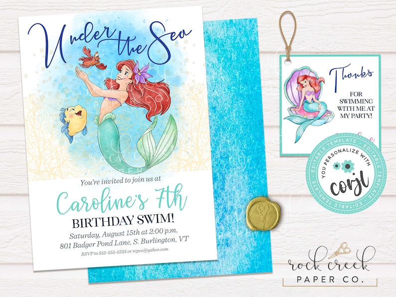 May include: An invitation to a 7th birthday party with a mermaid theme. The invitation features a watercolor illustration of Ariel from The Little Mermaid, Flounder, and a crab. The text reads "Under the Sea" and "Caroline's 7th Birthday Swim!" with details about the party date, time, and location.
