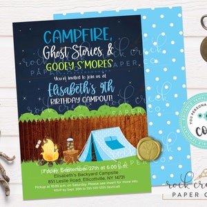 May include: A blue and green camping-themed birthday party invitation for a 9th birthday party. The invitation features a campfire, a tent, and a jar of fireflies. The text on the invitation reads "Campfire, Ghost Stories & Gooey S'mores. You're invited to join us at Elisabeth's 9th Birthday Campout!"