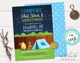 Backyard Camping Birthday Invitation, Tent Camping Party, Ghost Stories, S'mores, Editable Birthday Party Template, Instant Download