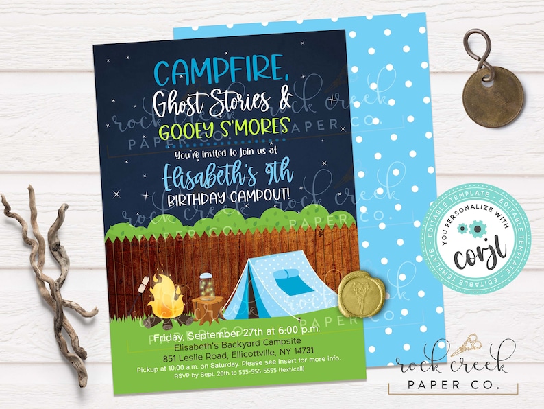 May include: A blue and green camping-themed birthday party invitation for a 9th birthday party. The invitation features a campfire, a tent, and a jar of fireflies. The text on the invitation reads "Campfire, Ghost Stories & Gooey S'mores. You're invited to join us at Elisabeth's 9th Birthday Campout!"