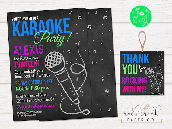 Karaoke Birthday Invitation, Lip Sync Party, Karaoke Welcome Sign, Karaoke Thank You Tags, Digital Party Printables, INSTANT ACCESS Il_570xn