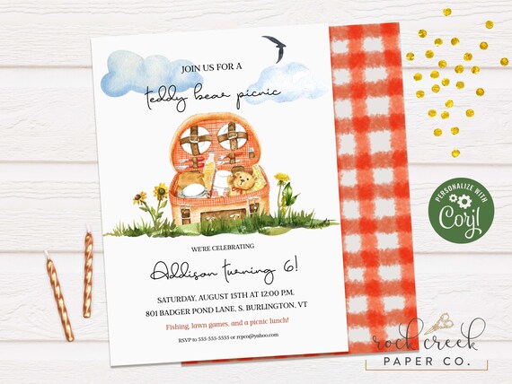 Teddy Bear Picnic Birthday Invitation, Picnic Invitation, Picnic Basket Birthday Invitation, Digital Party Invitation, SAME DAY ACCESS Il_570xn