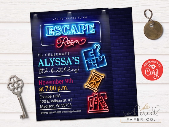 Escape Room Invitation, Escape Room Neon Invitation, Puzzle Room Invitation, Riddle Room Party, Digital party Invitation, SAME DAY ACCESS Il_570xn