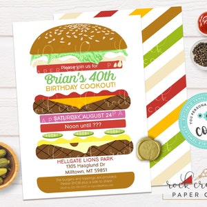 May include: A burger-shaped invitation for Brian's 40th birthday cookout. The invitation features a sesame seed bun, lettuce, tomato, burger patty, cheese, and pickles. The text includes event details and the phrase "Please join us for".