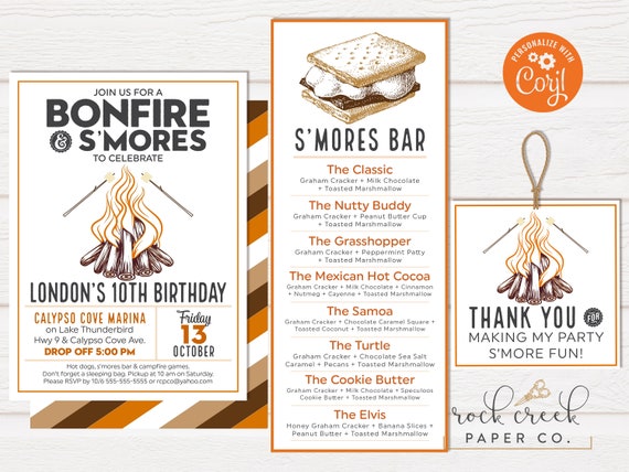 Bonfire Birthday Invitation, Bonfire & S'mores Party, S'mores Menu, S'mores Tag, Digital Party Printables, INSTANT ACCESS Il_570xn