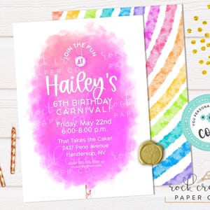 May include: A birthday party invitation with a pink watercolor background and rainbow striped back. The invitation reads "Hailey's 6th Birthday Carnival" with event details. Gold accents and candles are also visible.