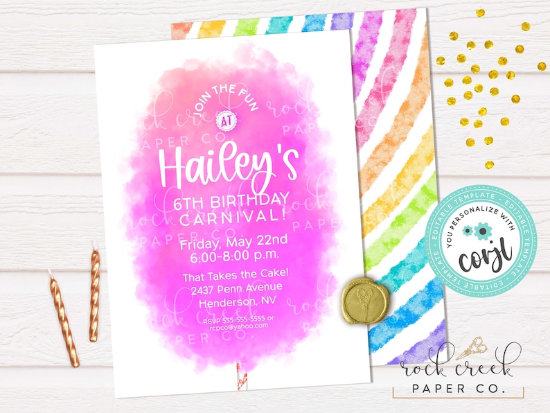 May include: A birthday party invitation with a pink watercolor background and rainbow striped back. The invitation reads "Hailey's 6th Birthday Carnival" with event details. Gold accents and candles are also visible.