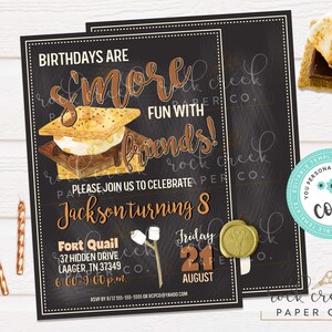 S&#39;mores Geburtstagseinladung, S&#39;mores Geburtstagseinladung, Bonfire Geburtstagsfeier, bearbeitbare Geburtstagsfeiervorlage, Sofort Download
