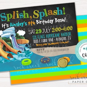 May include: A colourful invitation for a 9th birthday party at Six Flags Hurricane Harbor. The invitation features a cartoon illustration of a water park with a water slide and a pool. The text on the invitation reads "Splish, Splash! It's Ainsley's 9th Birthday Bash!" and includes the date, time, and location of the party.