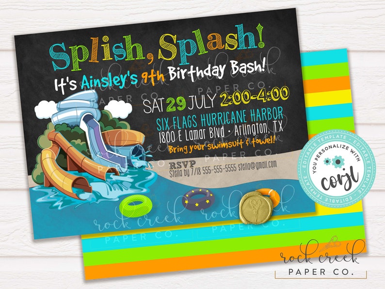 May include: A colorful invitation for a 9th birthday party at Six Flags Hurricane Harbor. The invitation features a cartoon illustration of a water park with a water slide and a pool. The text on the invitation reads "Splish, Splash! It's Ainsley's 9th Birthday Bash!" and includes the date, time, and location of the party.