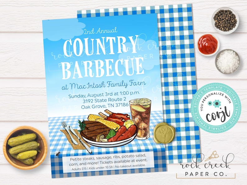 Country Barbecue Invitation, Editable Summer Cookout Template (Digital Download) Country Barbecue
