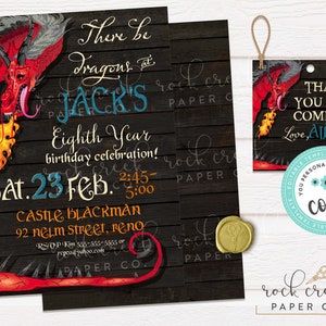 May include: A red dragon with fire coming out of its mouth on a black and brown woodgrain background. The text "There be dragons at JACK'S Eighth Year birthday celebration! Sat. 23 Feb. 2:45-5:00 CASTLE BLACKMAN 92 NELM Street, Reno RSVP Kim 555-555-5555 or [email protected]" is printed on the invitation.