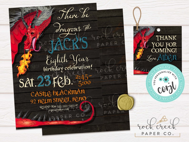 May include: A red dragon with fire coming out of its mouth on a black and brown woodgrain background. The text "There be dragons at JACK'S Eighth Year birthday celebration! Sat. 23 Feb. 2:45-5:00 CASTLE BLACKMAN 92 NELM Street, Reno RSVP Kim 555-555-5555 or [email protected]" is printed on the invitation.