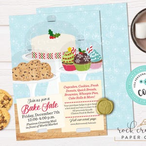 Peut inclure: Un mod&egrave;le de flyer pour une vente de p&acirc;tisseries illustr&eacute; avec un g&acirc;teau, des cupcakes et des biscuits sur un fond bleu clair &agrave; flocons de neige. Le texte indique les d&eacute;tails de l'&eacute;v&eacute;nement le vendredi 7 d&eacute;cembre, de 12h00 &agrave; 16h00.