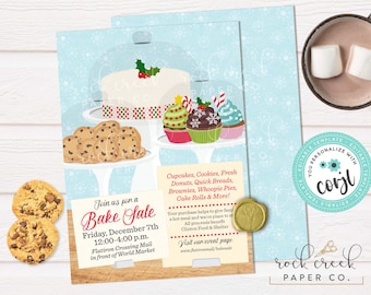 May include: A bake sale flyer template featuring illustrations of a cake, cupcakes, and cookies on a light blue snowflake background. The text includes event details for Friday, December 7th, from 12:00-4:00 p.m. at Flatiron Crossing Mall.