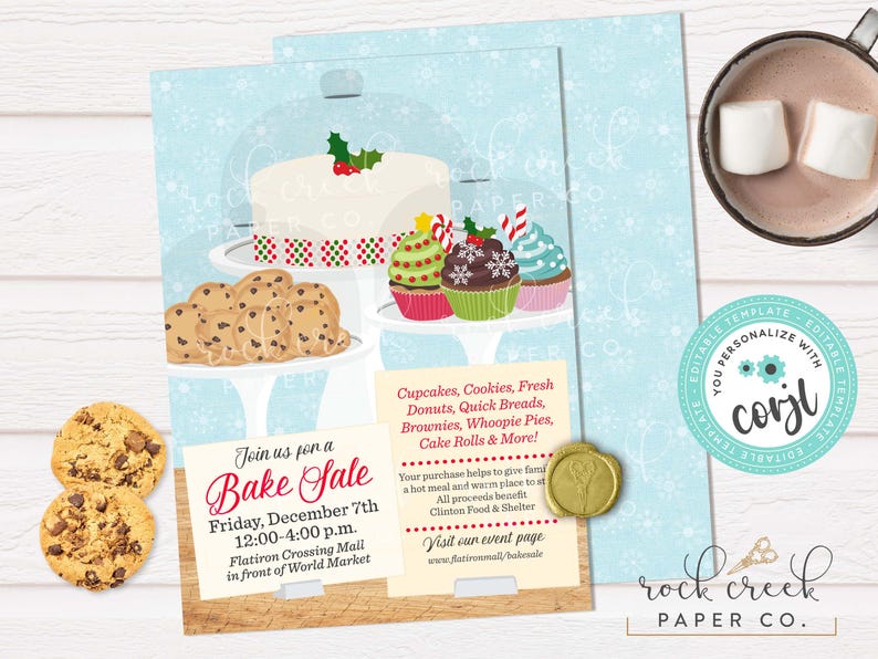 Peut inclure: Un mod&egrave;le de flyer pour une vente de p&acirc;tisseries illustr&eacute; avec un g&acirc;teau, des cupcakes et des biscuits sur un fond bleu clair &agrave; flocons de neige. Le texte indique les d&eacute;tails de l'&eacute;v&eacute;nement le vendredi 7 d&eacute;cembre, de 12h00 &agrave; 16h00.