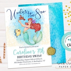 Faire-part d'anniversaire de la petite sirène, fête sirène, sous la mer, Ariel, Sebastian, modèle de fête d'anniversaire modifiable, téléchargement immédiat