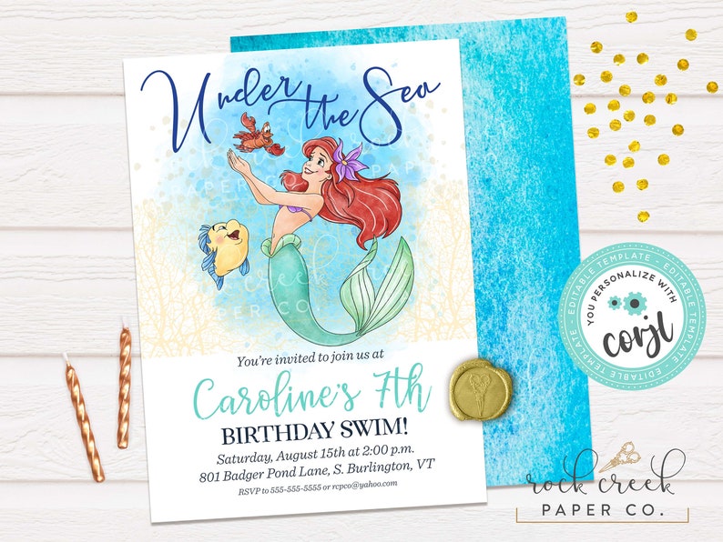 May include: An invitation to a 7th birthday party with a mermaid theme. The invitation features a cartoon image of Ariel from The Little Mermaid, a crab, and a fish. The text reads "Under the Sea" and "Caroline's 7th Birthday Swim!" with details about the party date, time, and location.