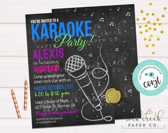 May include: A black and white chalkboard style invitation for a karaoke party. The invitation features a microphone, musical notes, and the text "You're invited to a Karaoke Party! Alexis is turning thirteen. Come unleash your inner rock star with us. Friday, October 21st, 6:00 to 11:30 pm. Lexie's House of Blues, 623 Timber Dr. Norman, OK. Pizza & cake provided! RSVP 555-555-5555 text/call or rcpco@yahoo.com."