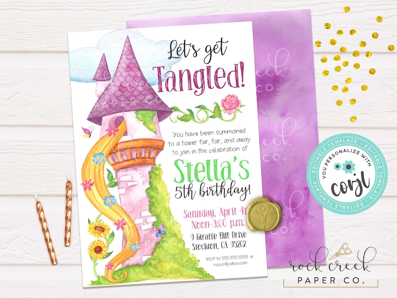 May include: A printable invitation for a 5th birthday party with a Tangled theme. The invitation features a watercolour illustration of Rapunzel's tower with her long blonde hair cascading down the side. The text on the invitation reads "Let's get Tangled!" and "Stella's 5th birthday!"