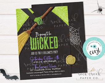 May include: A black and green Halloween party invitation with a witch's broom and a spider web. The text reads "It's going to be Wicked" and "Join us for a Halloween Party".