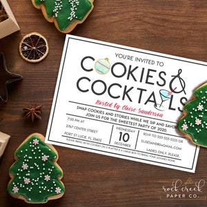 May include: A festive invitation for a "Cookies & Cocktails" party, featuring a white card with black text and a cocktail illustration. The scene includes Christmas tree-shaped cookies with green icing, gifts, and decorative elements on a wooden surface.