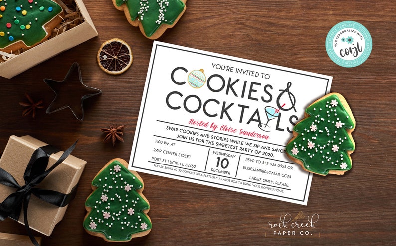 May include: A festive invitation for a "Cookies & Cocktails" party, featuring a white card with black text and a cocktail illustration. The scene includes Christmas tree-shaped cookies with green icing, gifts, and decorative elements on a wooden surface.