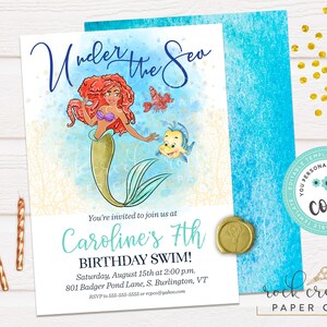 May include: An invitation to a 7th birthday party with a mermaid theme. The invitation features a cartoon mermaid with red hair and a green tail, along with a yellow fish. The text on the invitation reads "Under the Sea" and "Caroline's 7th Birthday Swim!"