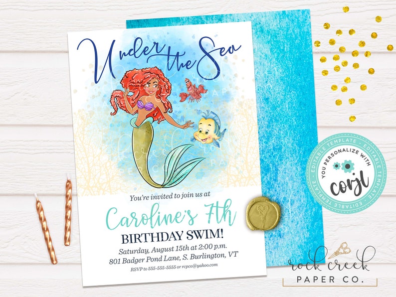 May include: An invitation to a 7th birthday party with a mermaid theme. The invitation features a cartoon mermaid with red hair and a green tail, along with a yellow fish. The text on the invitation reads "Under the Sea" and "Caroline's 7th Birthday Swim!"