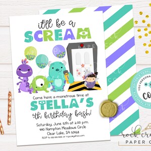 May include: A printable invitation for a 5th birthday party with a Monsters Inc. theme. The invitation features a green monster with a microphone, a purple monster, and a girl dressed as a monster. The text on the invitation reads "It'll be a Scream, Come have a monstrous time at Stella's 5th birthday bash!"