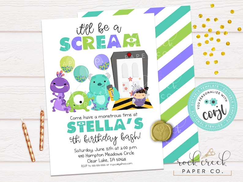 May include: A printable invitation for a 5th birthday party with a Monsters Inc. theme. The invitation features a green monster with a microphone, a purple monster, and a girl dressed as a monster. The text on the invitation reads "It'll be a Scream, Come have a monstrous time at Stella's 5th birthday bash!"