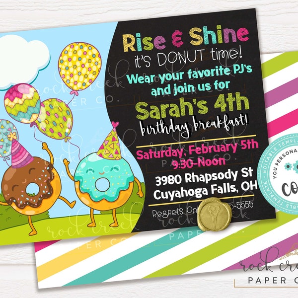 Donuts Birthday Invitation, Donuts and Pajama Party, Donut Breakfast, Rise and Shine, Editable Birthday Party Template, Instant Download