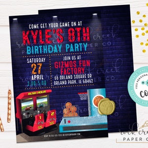 Arcade Birthday Invitation, Video Games, Gaming Party, Pinball, PacMan, Donkey Kong, Editable Birthday Party Template, Instant Download