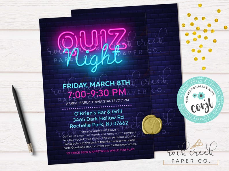 Quiz Night Invitation, Editable Event Template (Digital Download) 5x7 inches