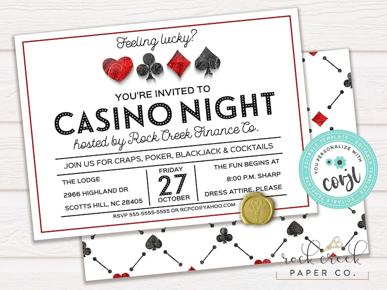 Puede incluir: Invitaci&oacute;n a una noche de casino con un esquema de color rojo, negro y blanco. La invitaci&oacute;n presenta s&iacute;mbolos de cartas de juego y el texto "Casino Night" con la fecha y la hora del evento. La invitaci&oacute;n est&aacute; organizada por Rock Creek Finance Co.