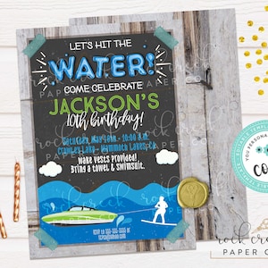 Wakeboarden verjaardagsuitnodiging, waterski-uitnodiging, wakeboardfeest, waterskifeest, bewerkbare sjabloon verjaardagsfeestje, direct downloaden