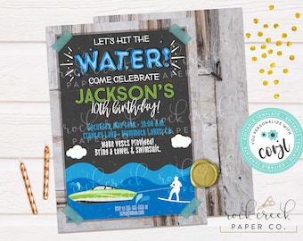 May include: A blue and green chalkboard style invitation for a 10th birthday party. The invitation says "Let's hit the water! Come celebrate Jackson's 10th birthday!" The party is on Saturday, May 16th at 10:00 a.m. at Crowley Lake - Mammoth Lakes, CA. The invitation also says "Wake vests provided! Bring a towel & swimsuit."