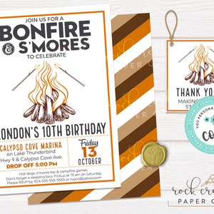 May include: A white invitation with orange and brown stripes on the back. The invitation is for a bonfire and s'mores party to celebrate London's 10th birthday. The invitation includes the date, time, and location of the party. It also includes a thank you tag with a campfire graphic and the text "Thank you for making s'mores".