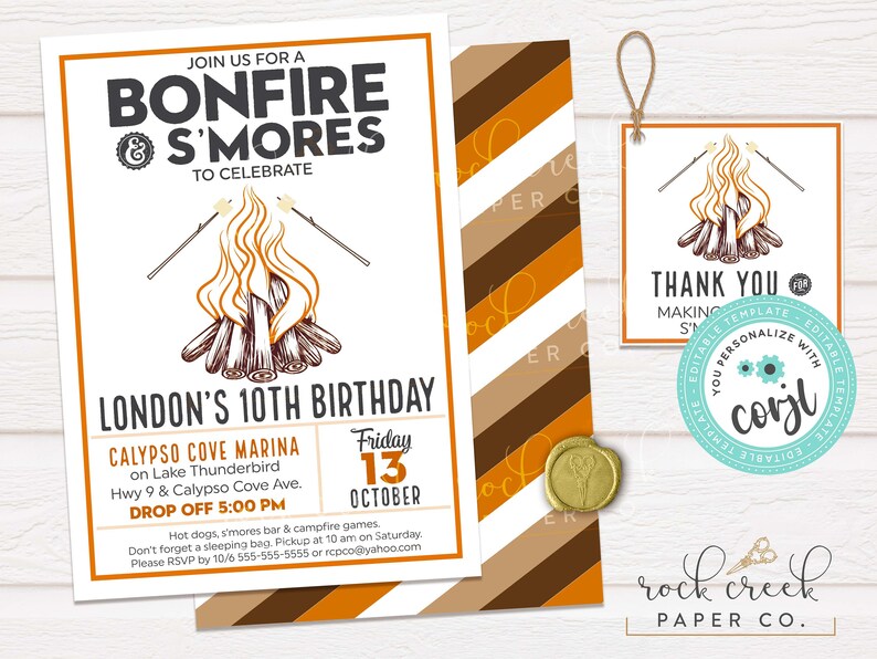 May include: A white invitation with orange and brown stripes on the back. The invitation is for a bonfire and s'mores party to celebrate London's 10th birthday. The invitation includes the date, time, and location of the party. It also includes a thank you tag with a campfire graphic and the text "Thank you for making s'mores".